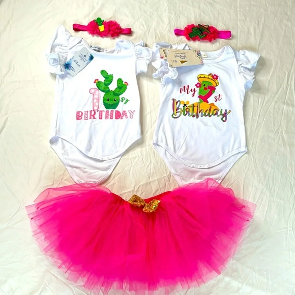 NEW WITH TAGS!! Bundle of baby girl my 1st birthday outfits. Two cactus onesies
